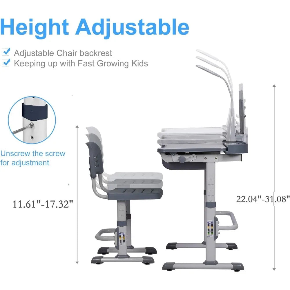 Child's Height Adjustable Table and Chair Set With Tilt Desktop, Storage Drawer, LED Light