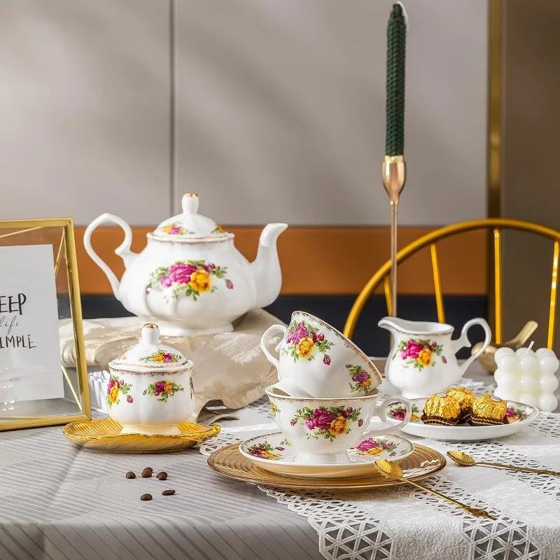 22-Pieces Porcelain Bone China Tea Sets, Gold Rim Coffee Set with Golden Metal Rack