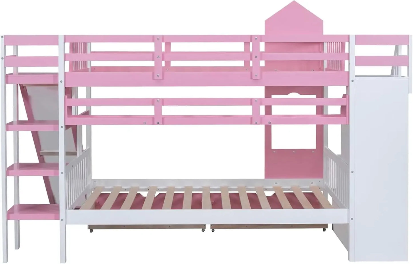 Kid's Bunk Bed Full Over Full With Drawers And Slide And Staircase,