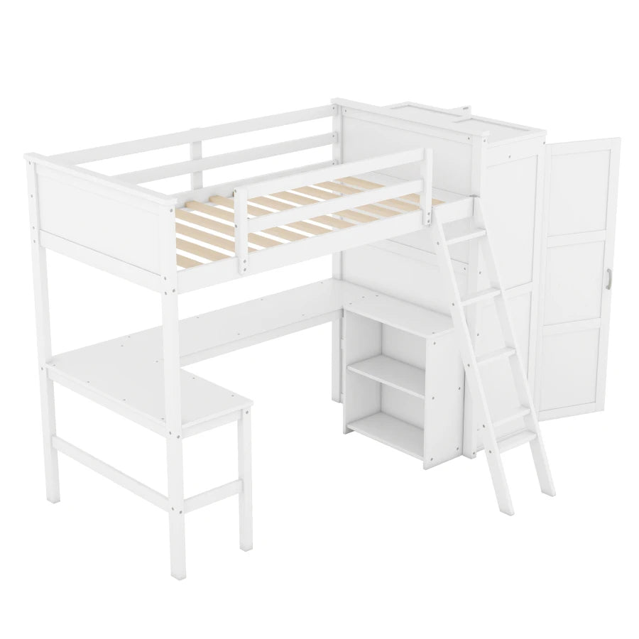 Kids Twin size Multifunctional Bed with Desk, Shelves and Wardrobe