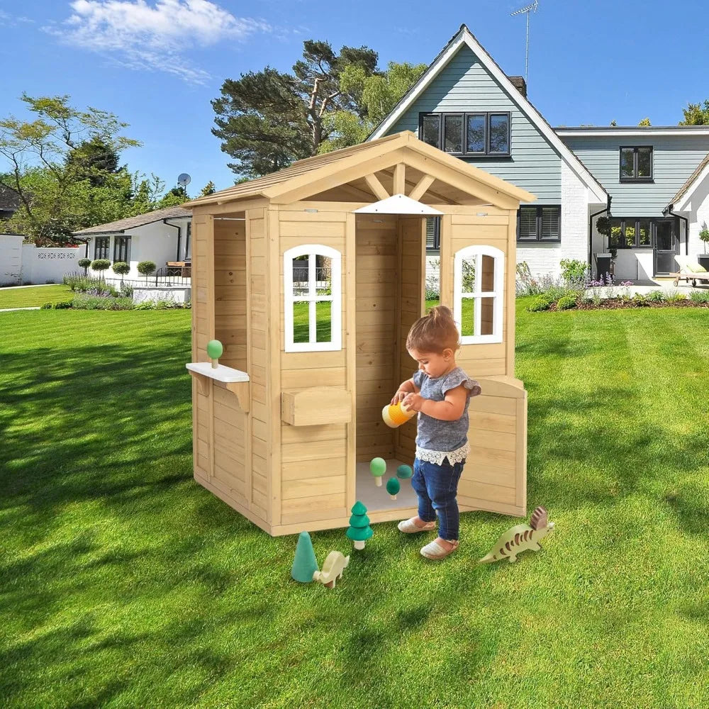 Country Style Playhouse with Working Door, Service Stations, Natural,39" L X 38" W X 55.5" H