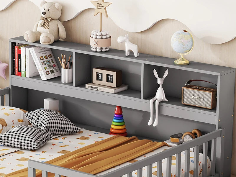 Easy To Assemble Kids Floor Bed with Bookcase and Shelves