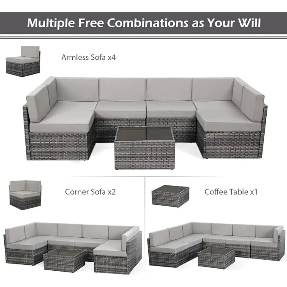 7 Piece Wicker Outdoor Sectional Sofa Patio Furniture Set