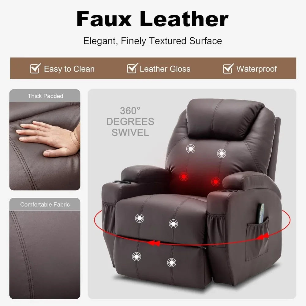 360° Swivel Recliner Chair with Massage and Heat, Remote Control and Cup Holder