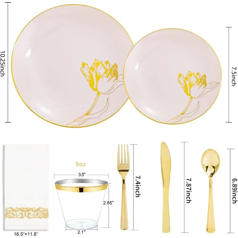 175PCS ELEGANT DESIGN Floral Plastic Disposable Plate Set