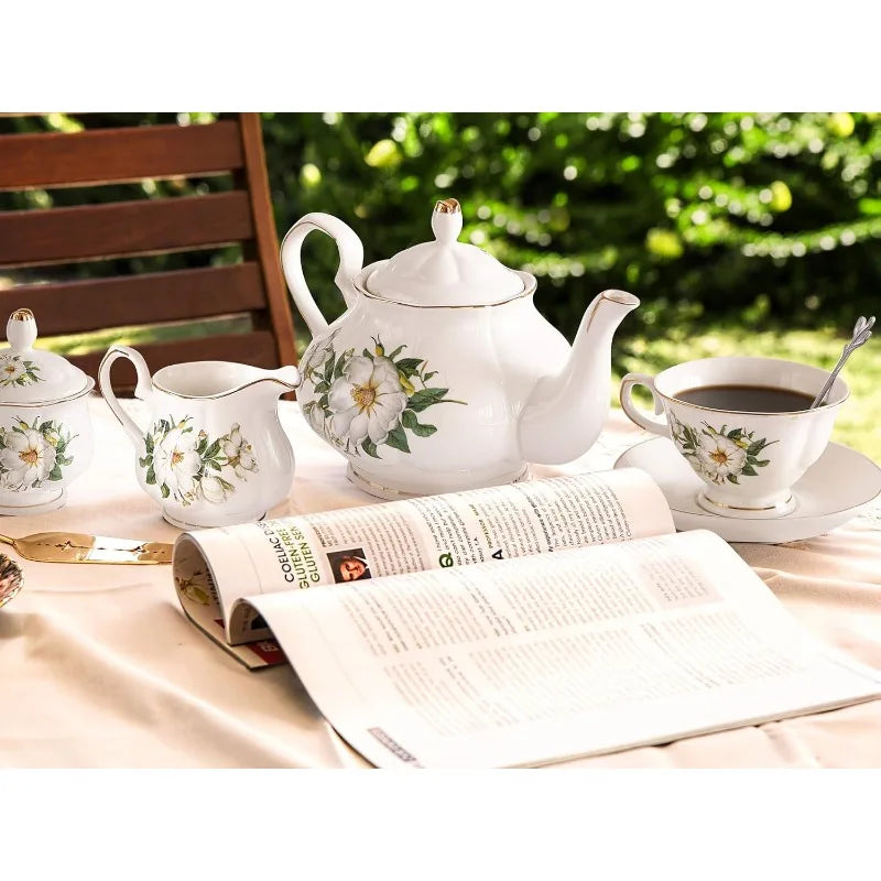 22-Piece Porcelain Ceramic Tea Sets, Service for 6- Teapot, Sugar Bowl ,Creamer Pitcher