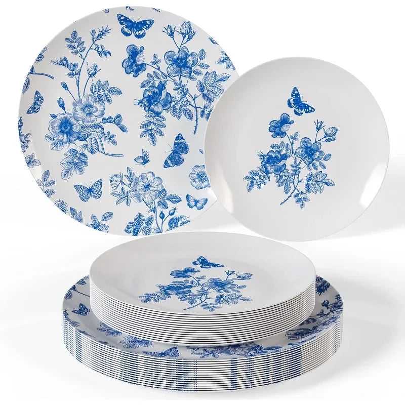 White & Blue Floral Design Disposable Plates Set