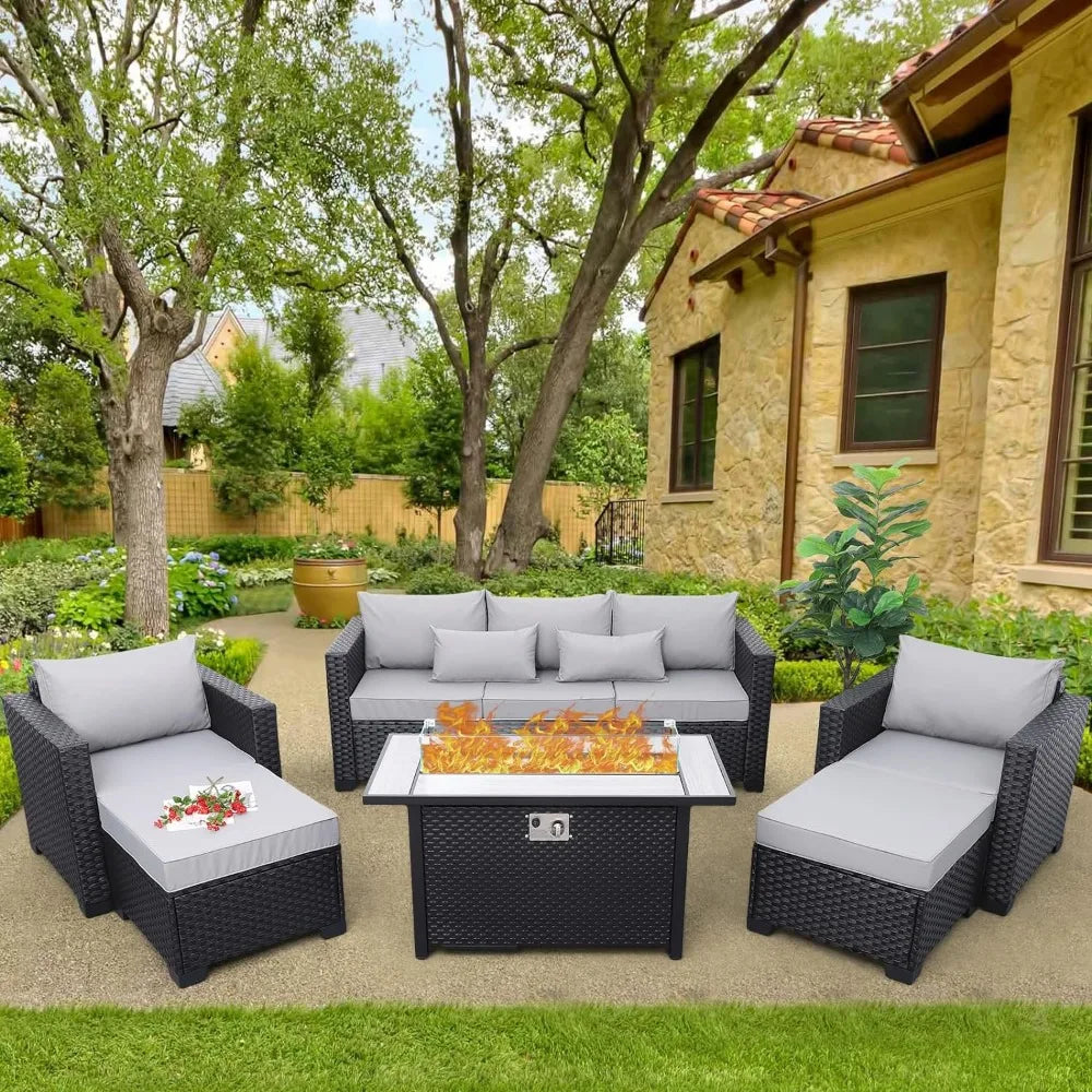 6 Piece Patio Furniture Set with 45" Fire Pit Table , Anti-Slip Waterproof Cushions Covers