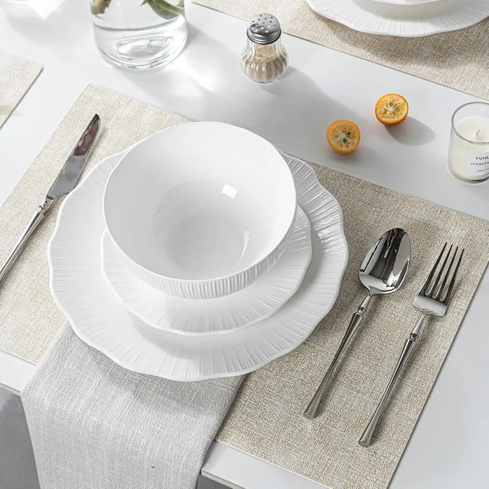 12 Piece Sunburst Pattern Porcelain Dinnerware Set For 4, Frost White