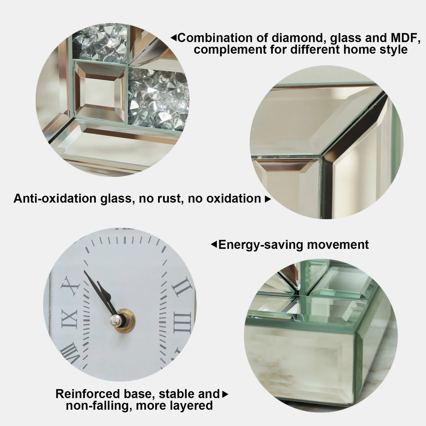 Crushed Diamond Mirrored Table Top Decorative Clock