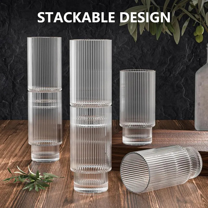 8 Set Glass Cups, 16OZ Ribbed Glassware with Bamboo Lids and Glass Straws