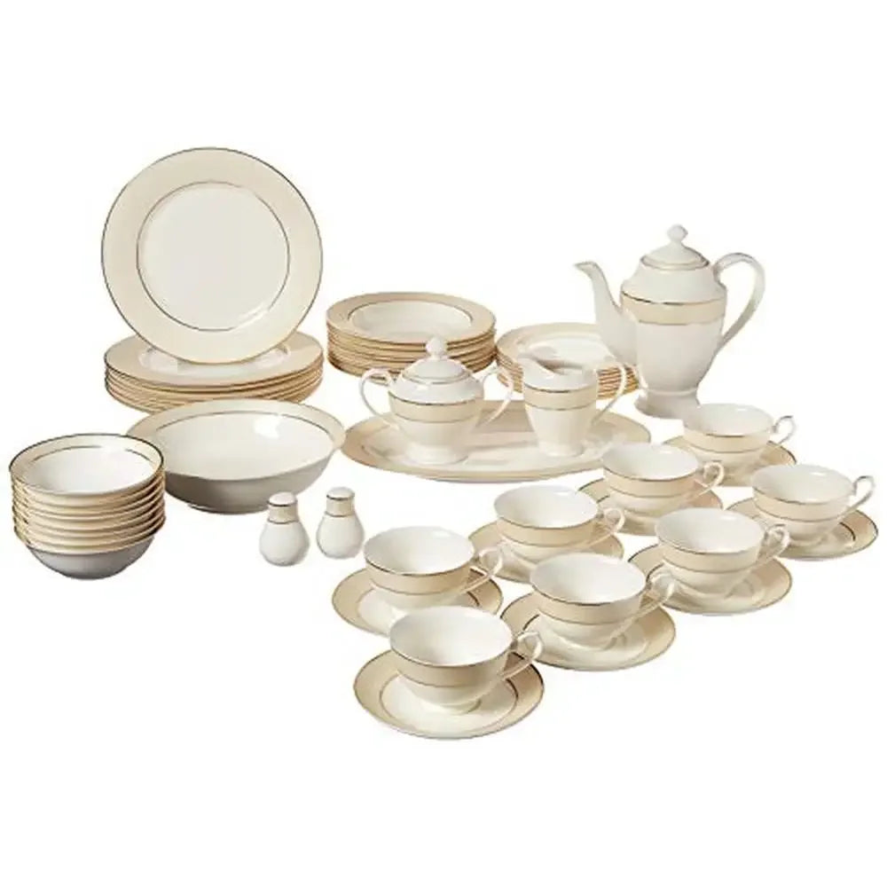 Elegant 57-Piece 24K Gold Trim Beige Border Bone China Dinnerware Set