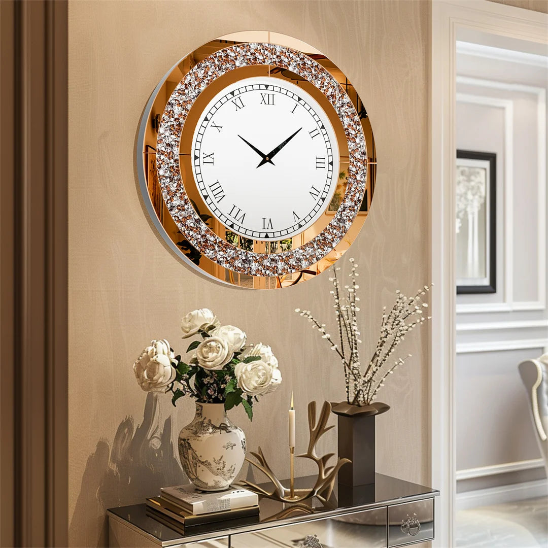 Silver Tawny Tinted Crystal Crushed Diamond Wall Clock