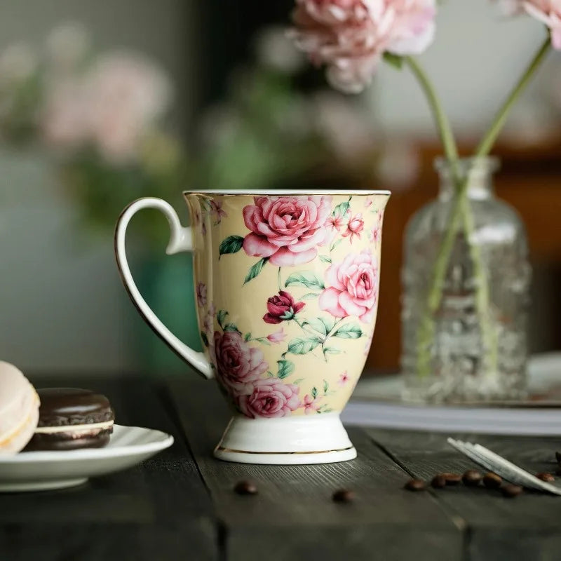 Set of 6, 12 oz, Floral Bone China Porcelain Mugs