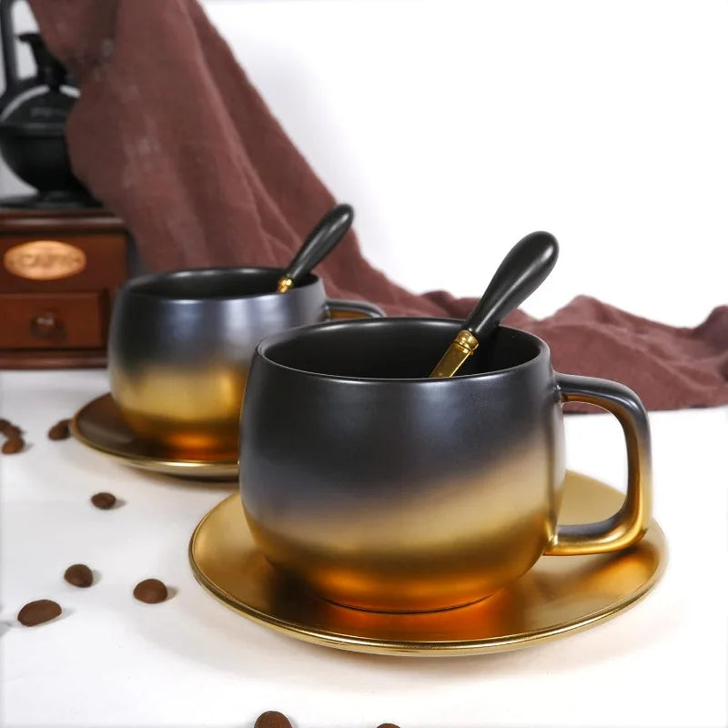 Black Gold European Style Ceramic Coffee Mug Set With Spoon & Saucer