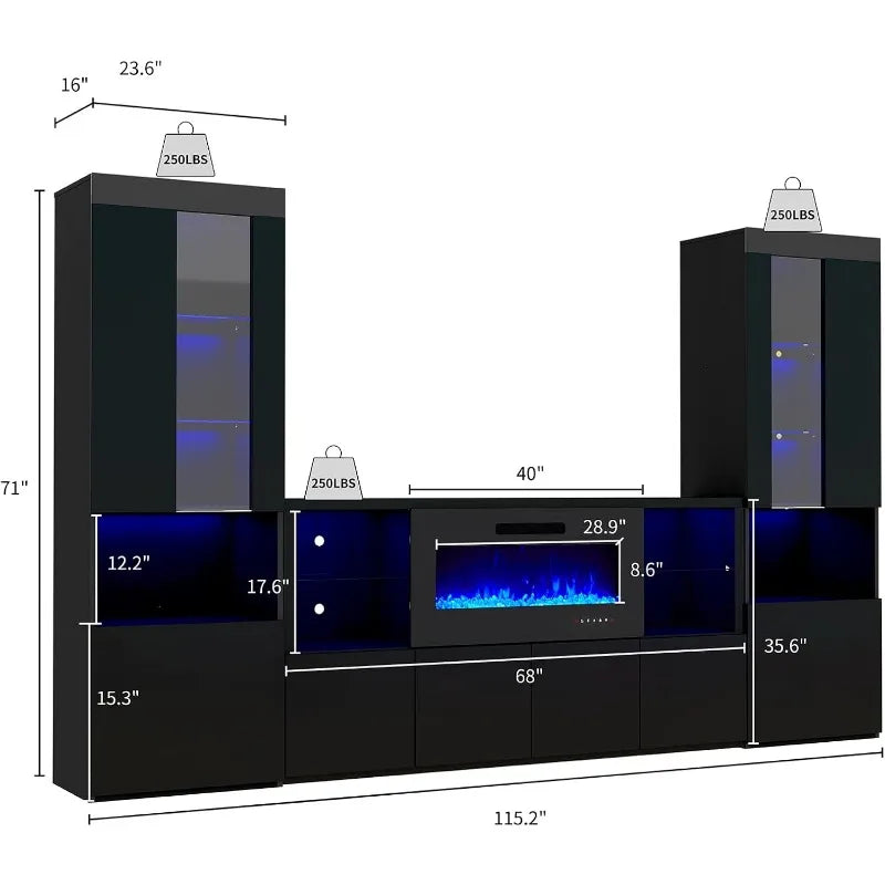 3 Piece Modern High Gloss Fireplace TV Stand + Bookcase Set- Includes 68" TV Stand with 40" Fireplace