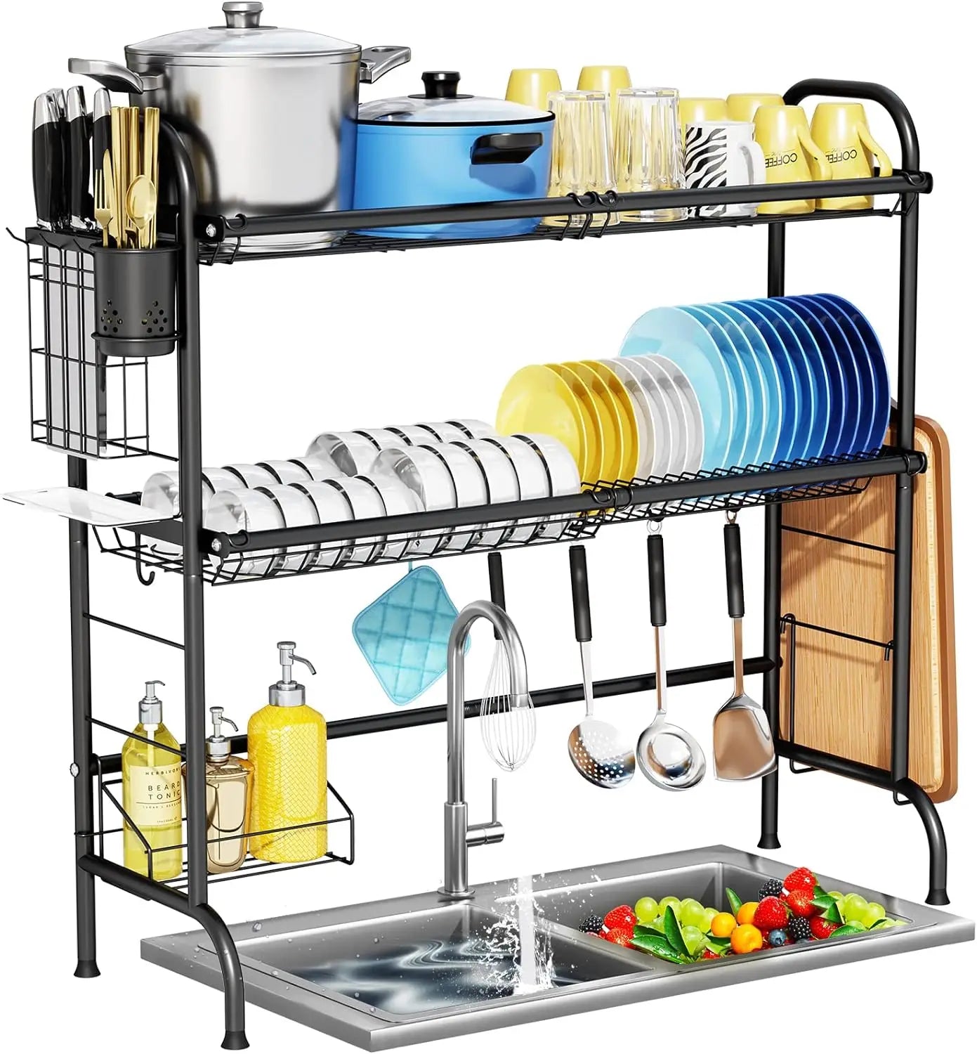 2-Tier Stainless Steel Large Over The Sink Dish Rack with Utensil Holder