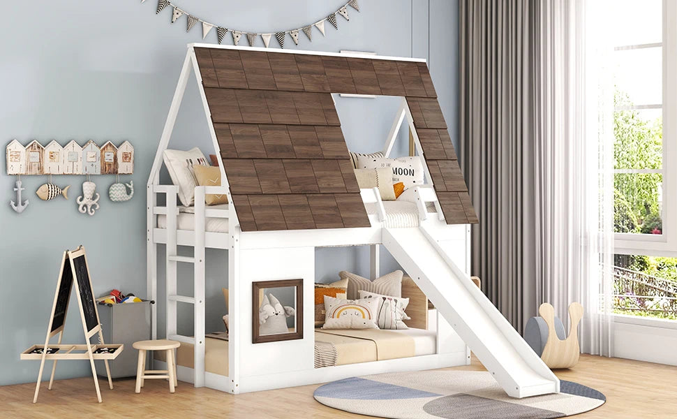 Twin Over Twin House Bunk Bed Frame with Roof, Window, Ladder and Slide