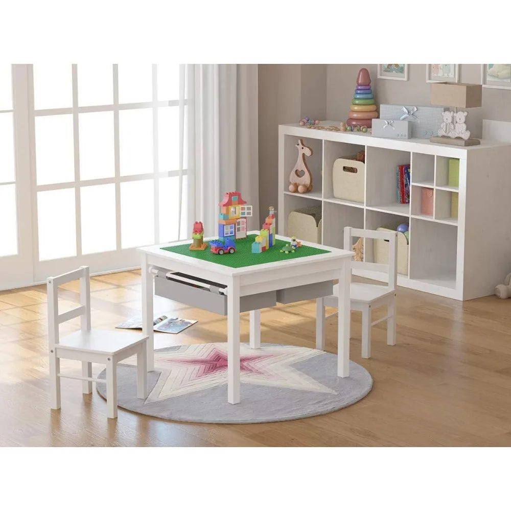 Wooden 2 in 1 Kids Construction Play Table and 2 Chairs Set