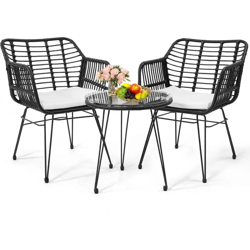 3 Pieces Wicker Patio Bistro Furniture Set, Includes 2 Chairs and Glass Top Table