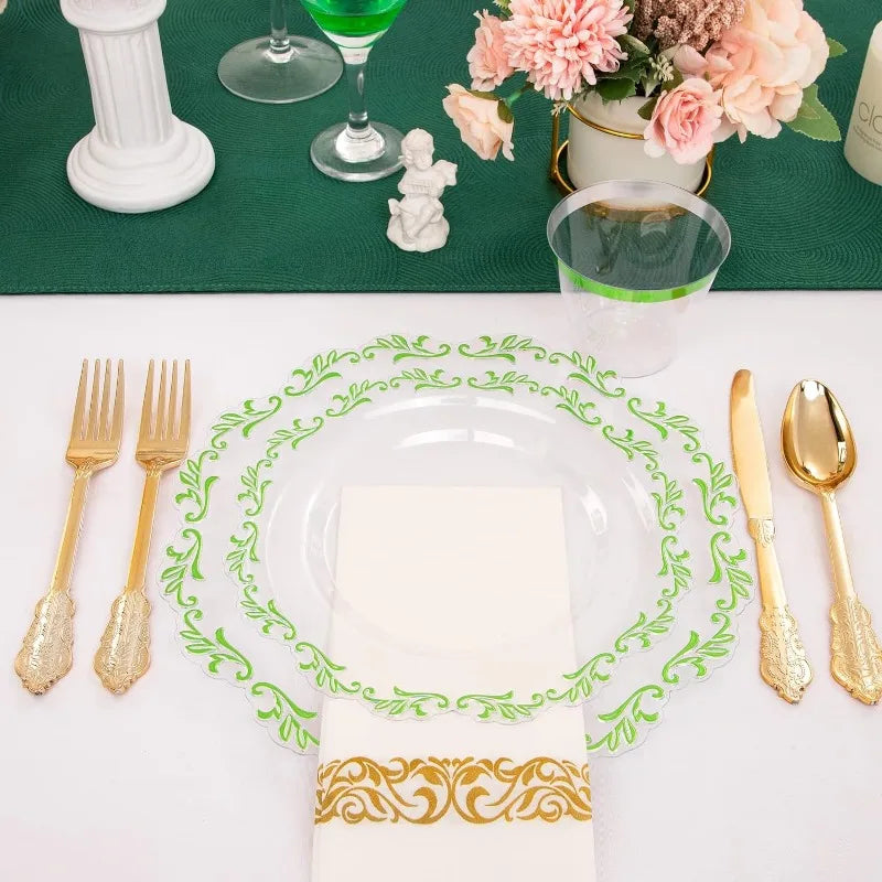 175PCS Clear Green Plastic Plates & Gold Plastic Silverware & Clear Green Cups & Gold Napkins, Service 25 Guest