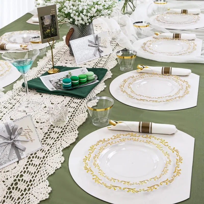 175PCS Clear Green Plastic Plates & Gold Plastic Silverware & Clear Green Cups & Gold Napkins, Service 25 Guest