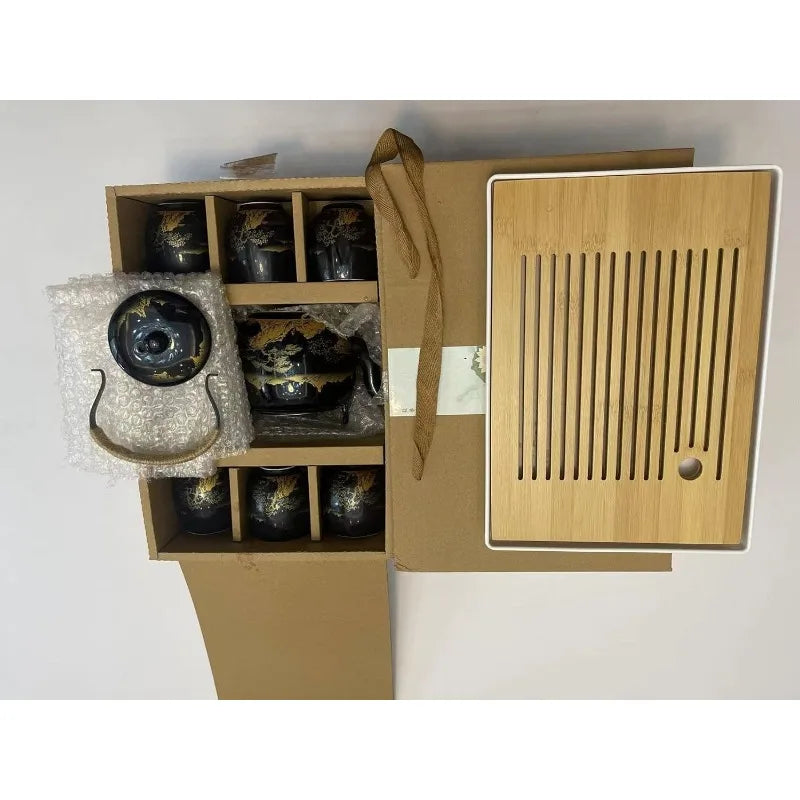 Glazed Tea Set in Gift Box with 1 Teapot, 1  Strainer, 1  Tray and 6  Cups