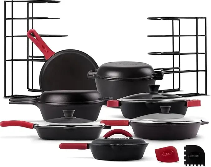 Pre-Seasoned Cast Iron Skillet Set - 8" + 10" + 12"-Inch Frying Pans + Silicone Handle Grip Covers