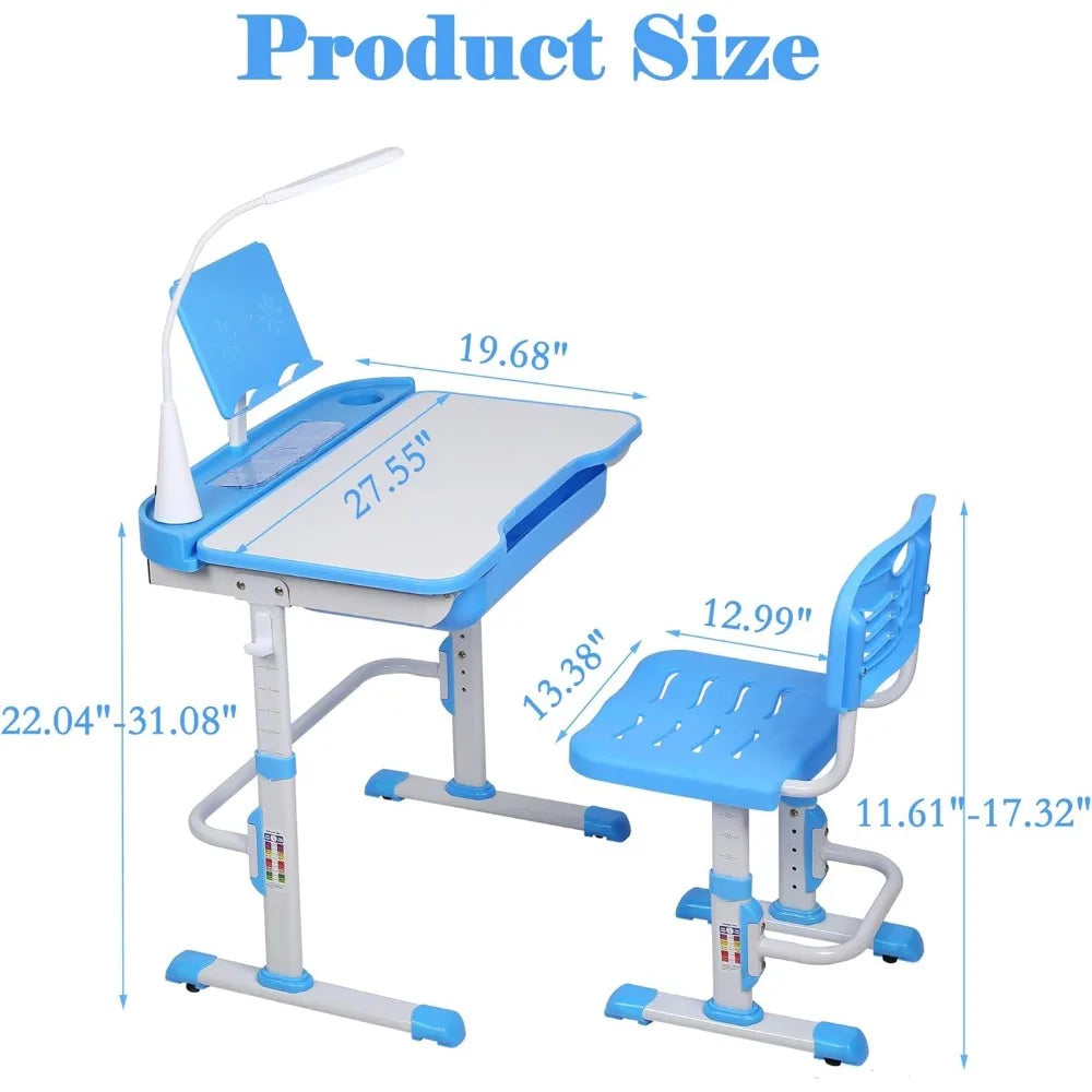 Children's Desk and Chair- Height-adjustable Study and Writing Table with Tilting Table Top, LED Light,