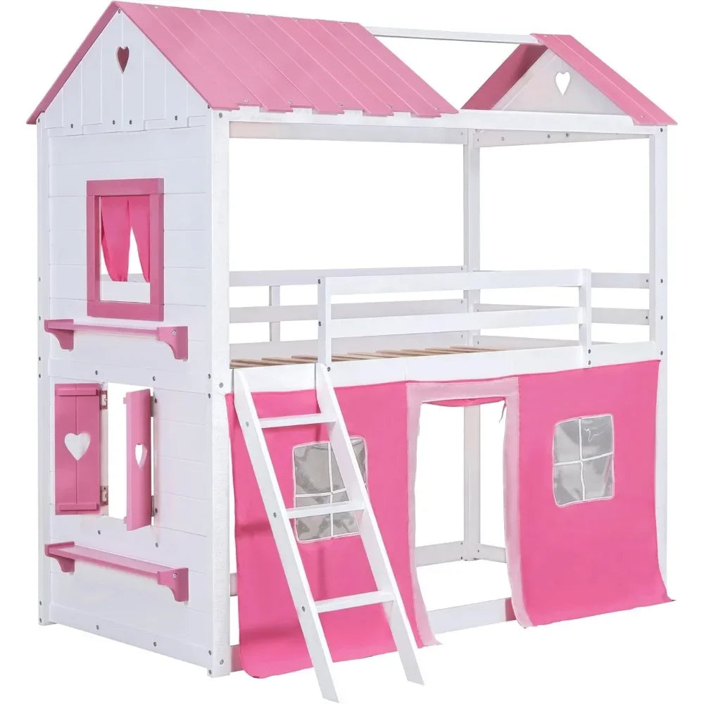 Kids House Loft Bunk Bed with Tent, Ladders, Guardrail, Windows & Roof