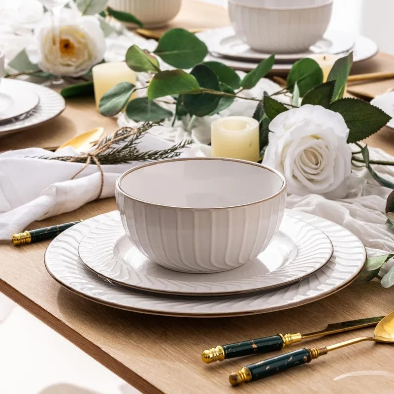 Embossed Elegant Stoneware Plates and Bowls Sets