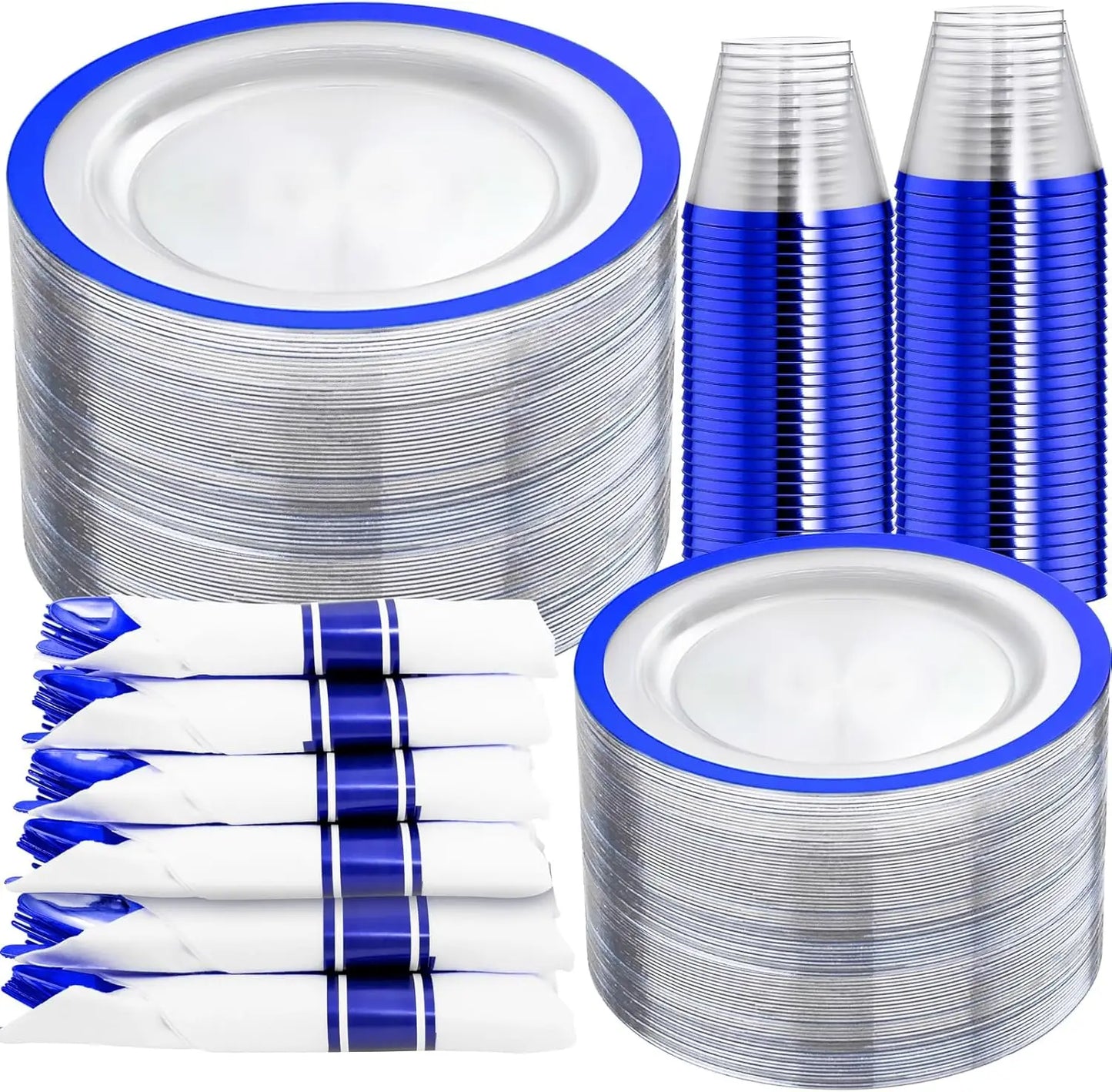 350 Pcs Dark Clear and Blue Plastic Plates, Include 50 Dinner Plates 10.25'', 50 Dessert Plate 7.5'', 50 Cups 9 OZ, 50 Napkins