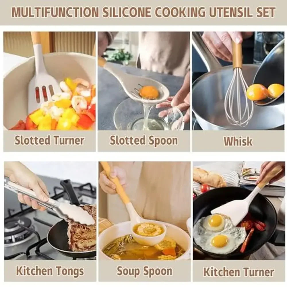 33-Piece Wooden Handle Silicone Kitchen Utensils Set