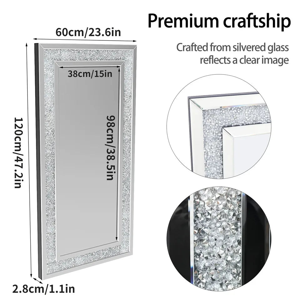 Large Silver Sparkly Crystal Rhinestone Diamond Frameless Wall Mounted Dressing Mirror