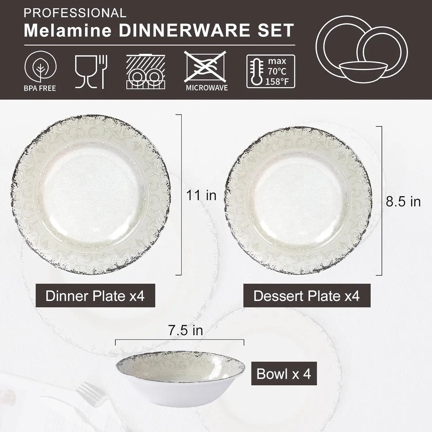 12-Piece Premium Melamine Dinnerware Set (Serves 4)