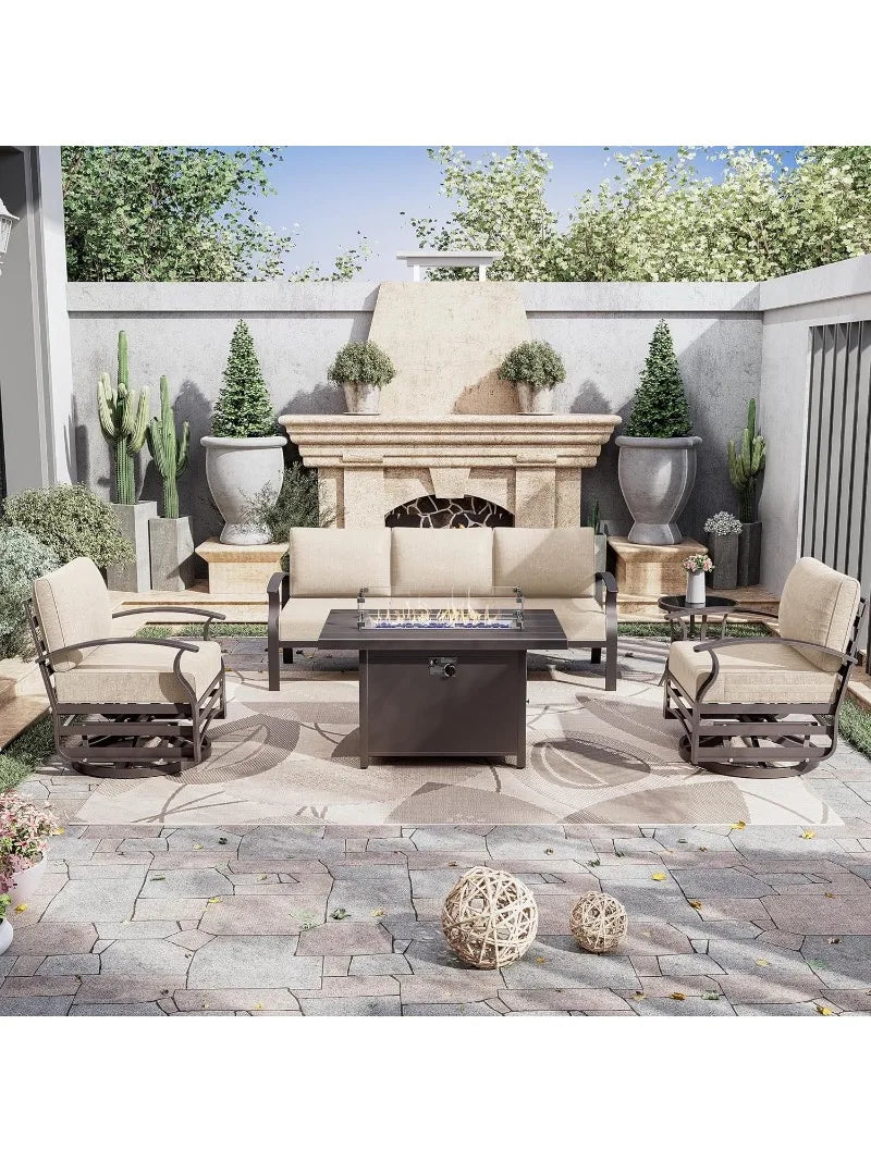 5-Seat Aluminum Outdoor Conversation Sets w/45in Propane Fire Pit Table,