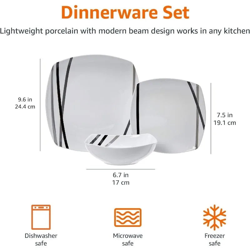 18 Piece Striped  Square Dinnerware Set - Service for 6 - Dishwasher and Microwave Safe