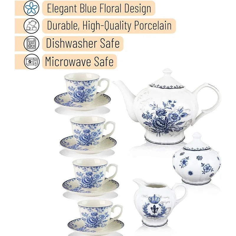 Blue Dream Tea Set, cups (8oz), Pot (48oz), Creamer and Sugar Set, Gift box