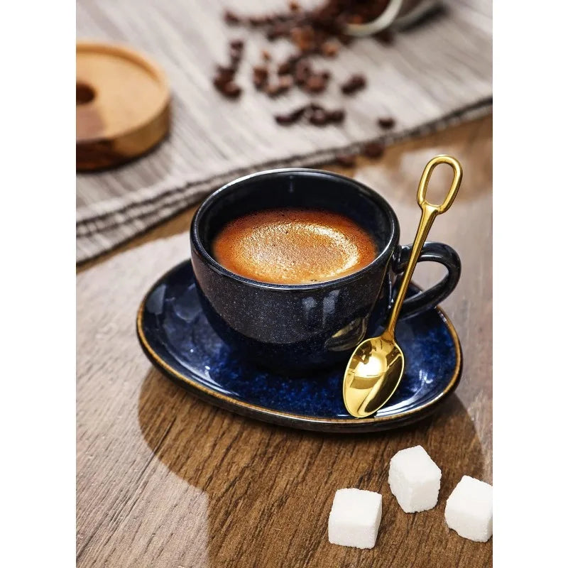 Ceramic Espresso Coffee Cups - 4 oz Porcelain Espresso Cups Set with Saucers Spoons and Metal Stand