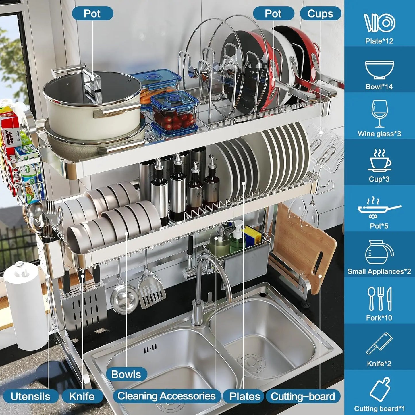 Adjustable (29.1''~37.4'') Stainless Steel 3-Tier Over The Sink Dish Drying Rack