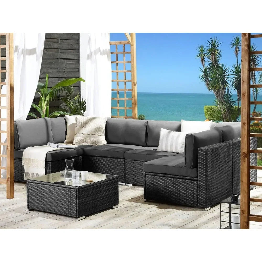 All-Weather 7 Piece Outdoor Sectional Sofa, Modern Glass Coffee Table Patio Furniture Set