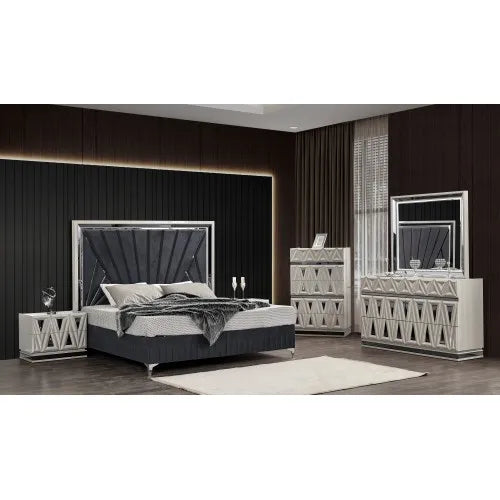 Modern & Contemporary Style 5 Pc King Upholstered Bedroom Set, River Sand Grey