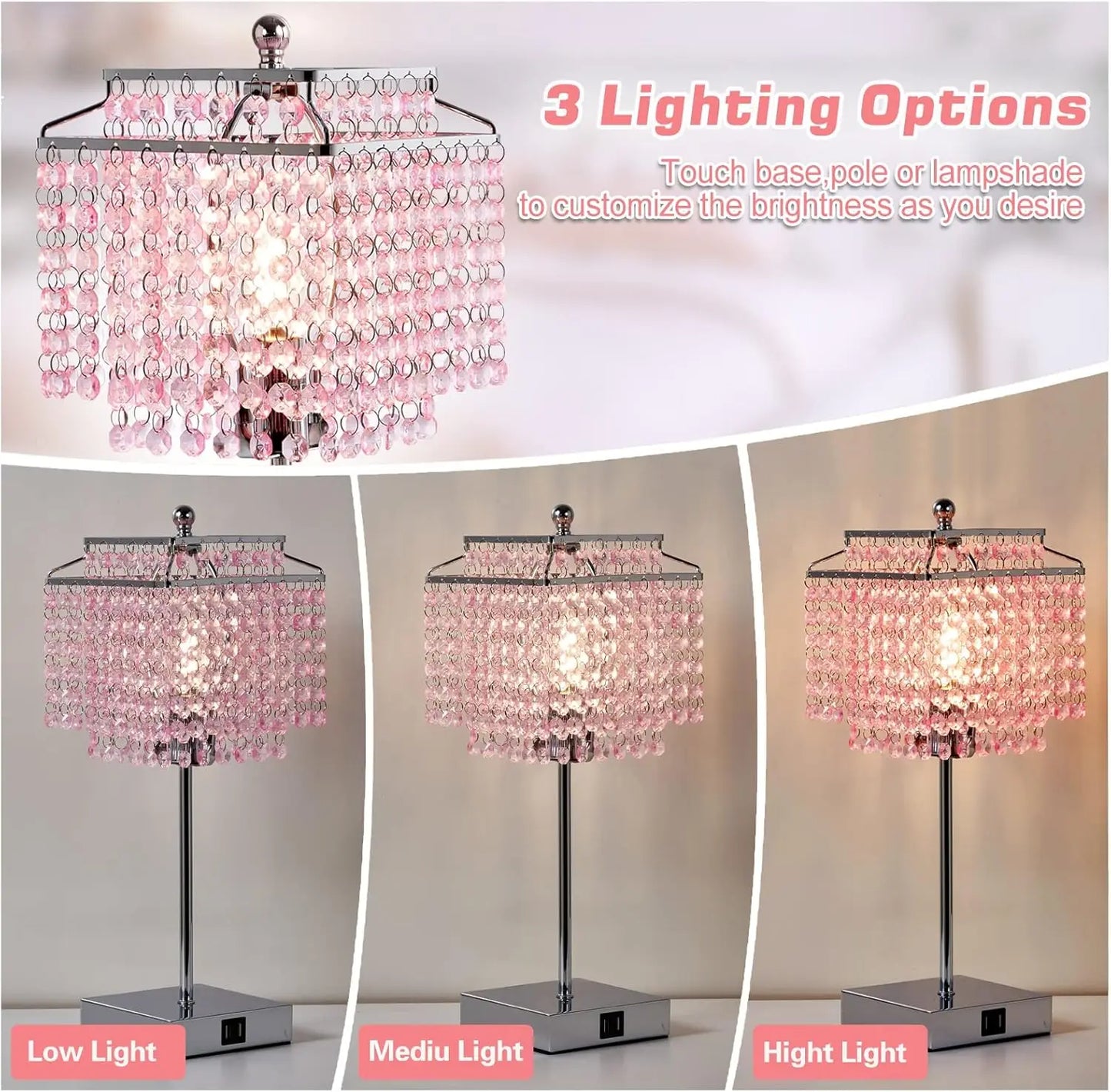 Set of 2, Pink Crystal Bedside Table Lamps, Touch Control , 3-Way Dimmable