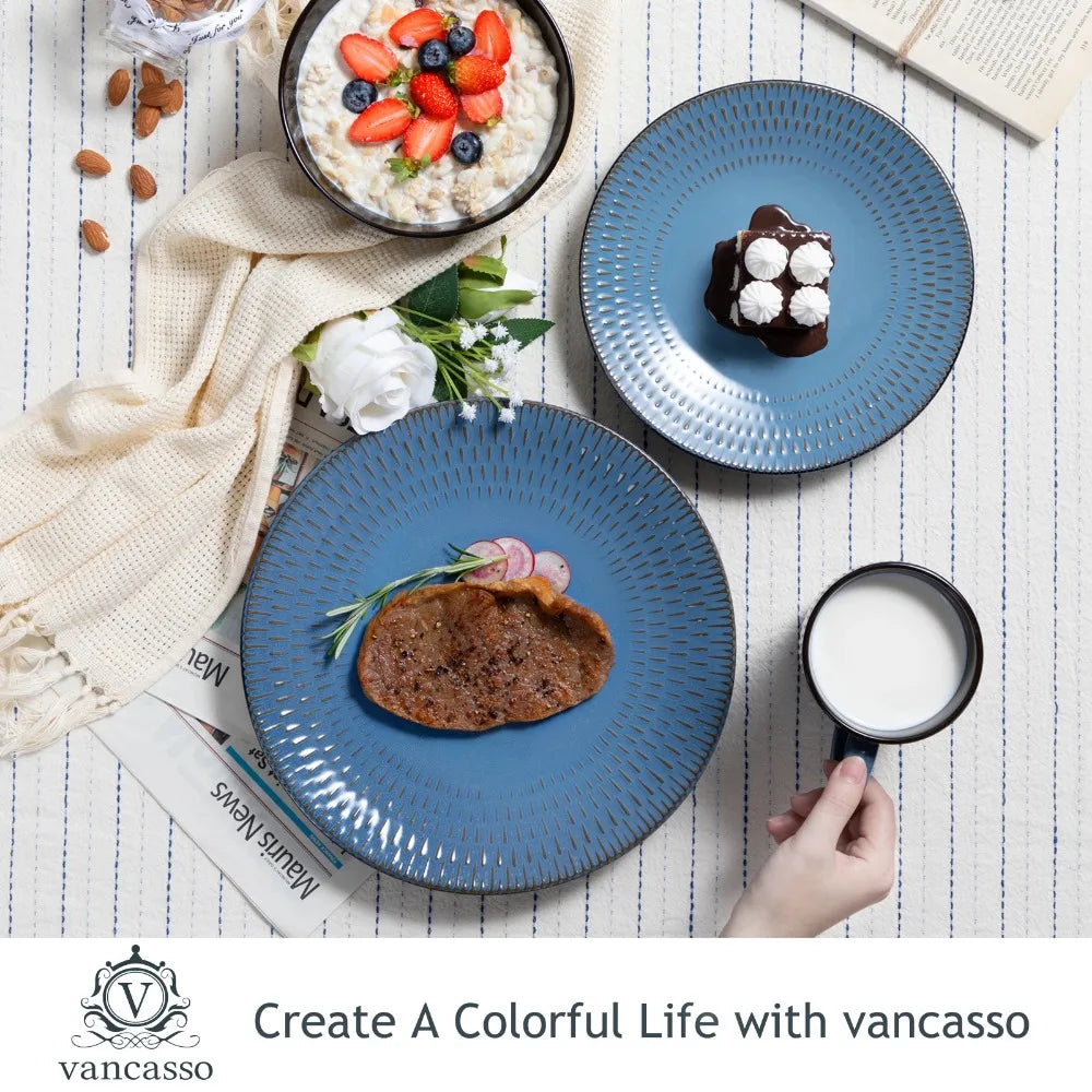 VANCASSO PLUVO 16PCS Blue Embossed Stoneware Set