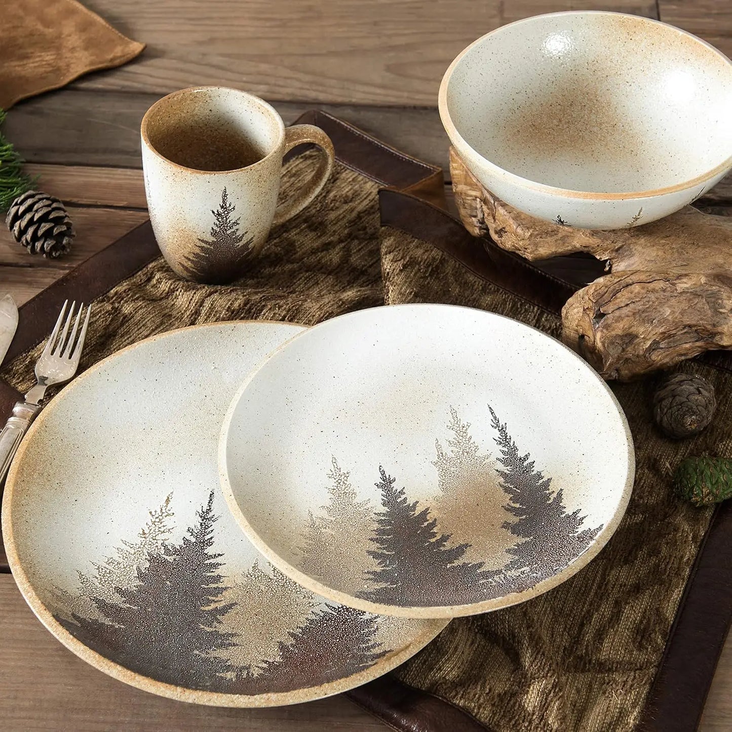 Ceramic 16 Piece Forest Pine Tree Theme Dishware Set