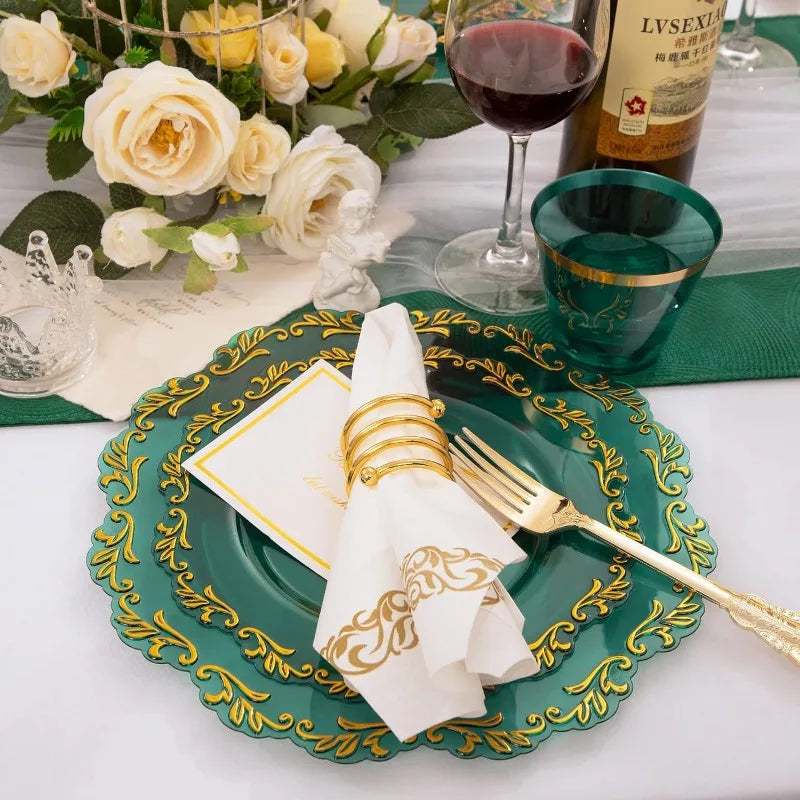 175PCS Clear Green Plastic Plates & Gold Plastic Silverware & Clear Green Cups & Gold Napkins, Service 25 Guest