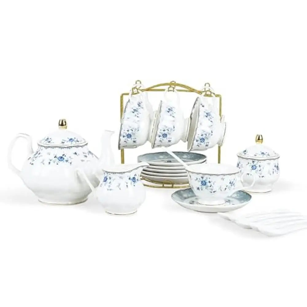 15 Piece British Floral Porcelain Tea Set with Blue Rose Pattern