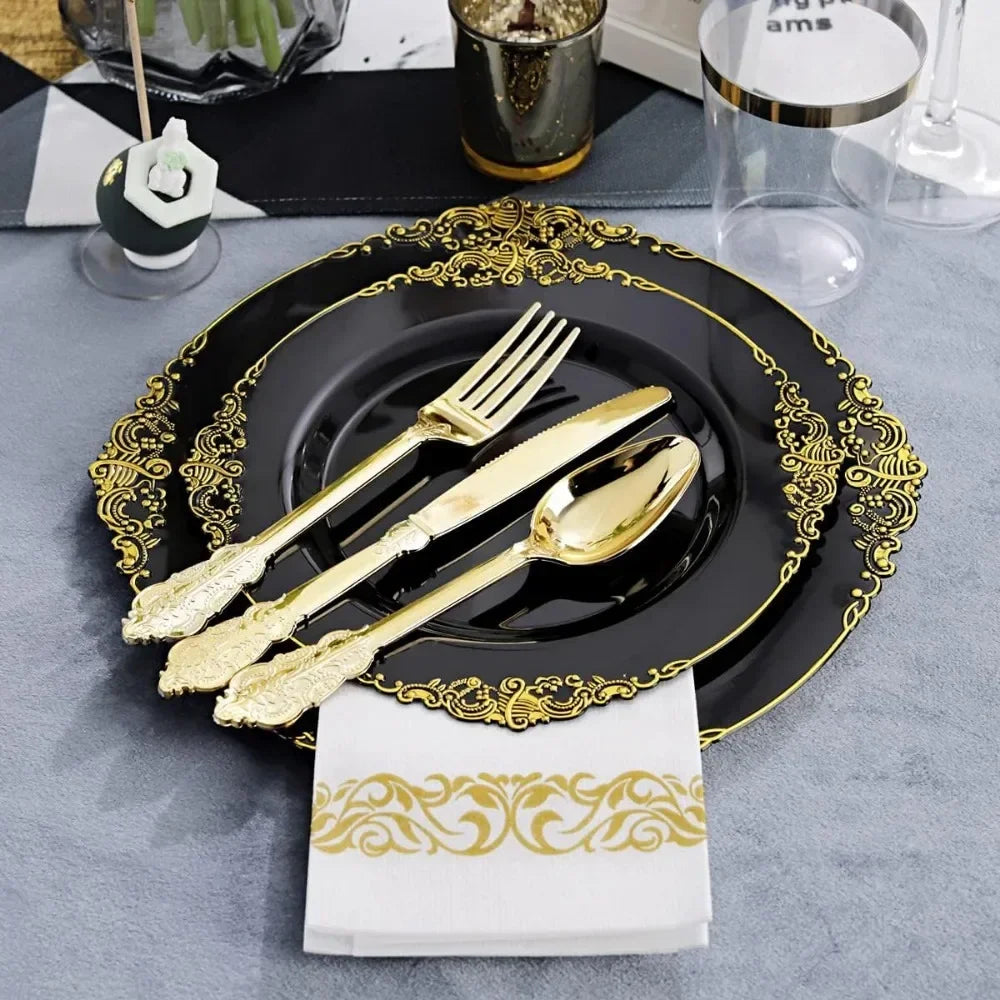 350 piece black and gold plastic plates with gold plastic silverware, disposable cutlery for weddings and parties