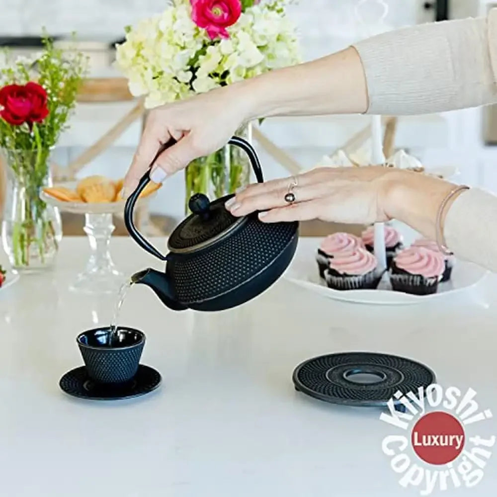 Japanese "Gashu Black" Elegant Cast Iron Tea Set with 4 Cups and Infuser