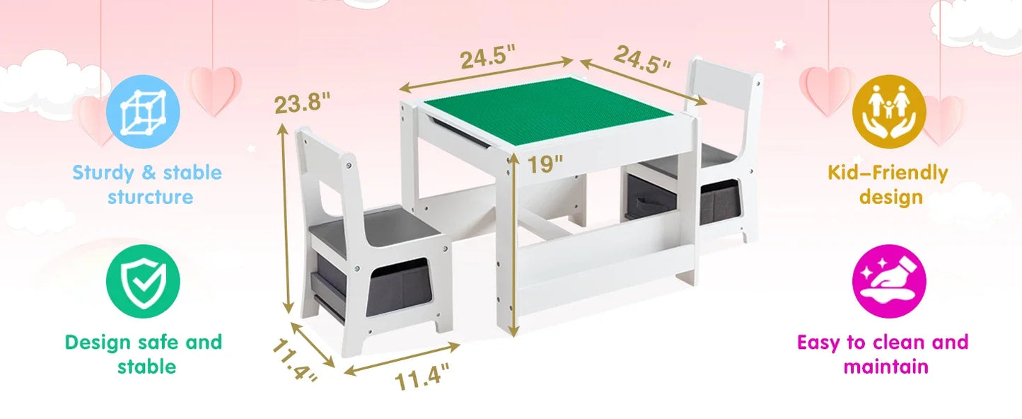 Kid's 3 in 1 Wooden Activity Table and Chair Set, with Bookshelves and Storage Drawer